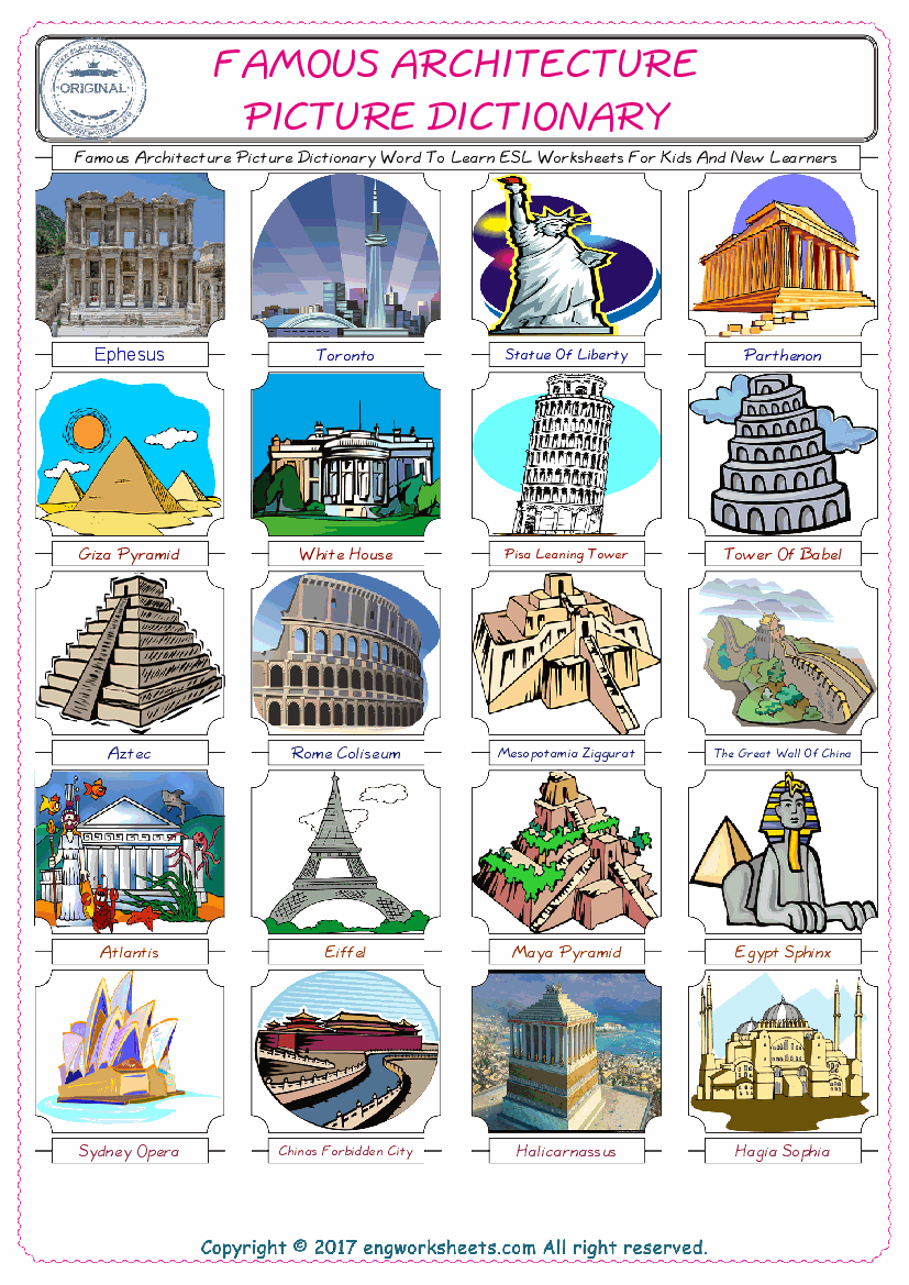  Famous Architecture English Worksheet for Kids ESL Printable Picture Dictionary 